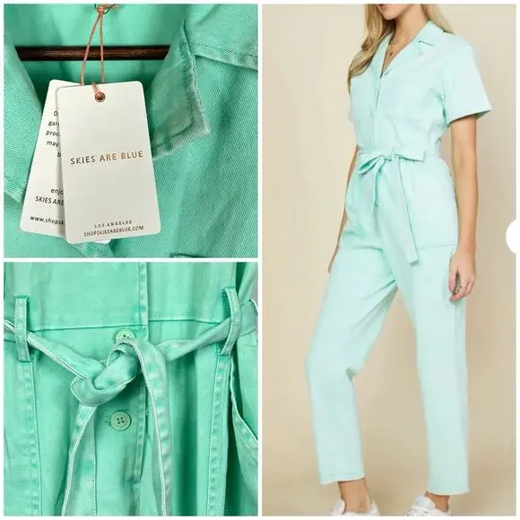 NWT Skies Are Blue Kendall Utility Jumpsuit Green Mint Sz L - Picture 3 of 9